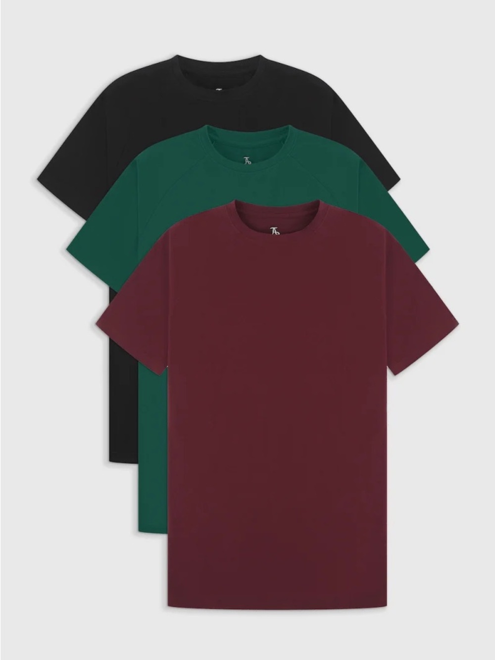 Tailored Athlete 3-Pack Men’s Crew Neck T-Shirts - Burgundy, Green, Black.